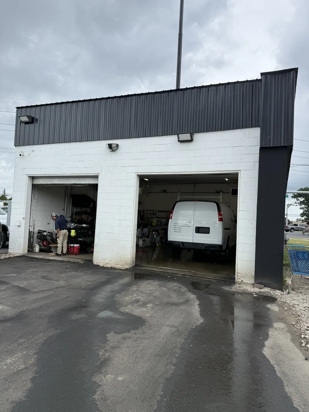 Commercial service facility exterior and work bay