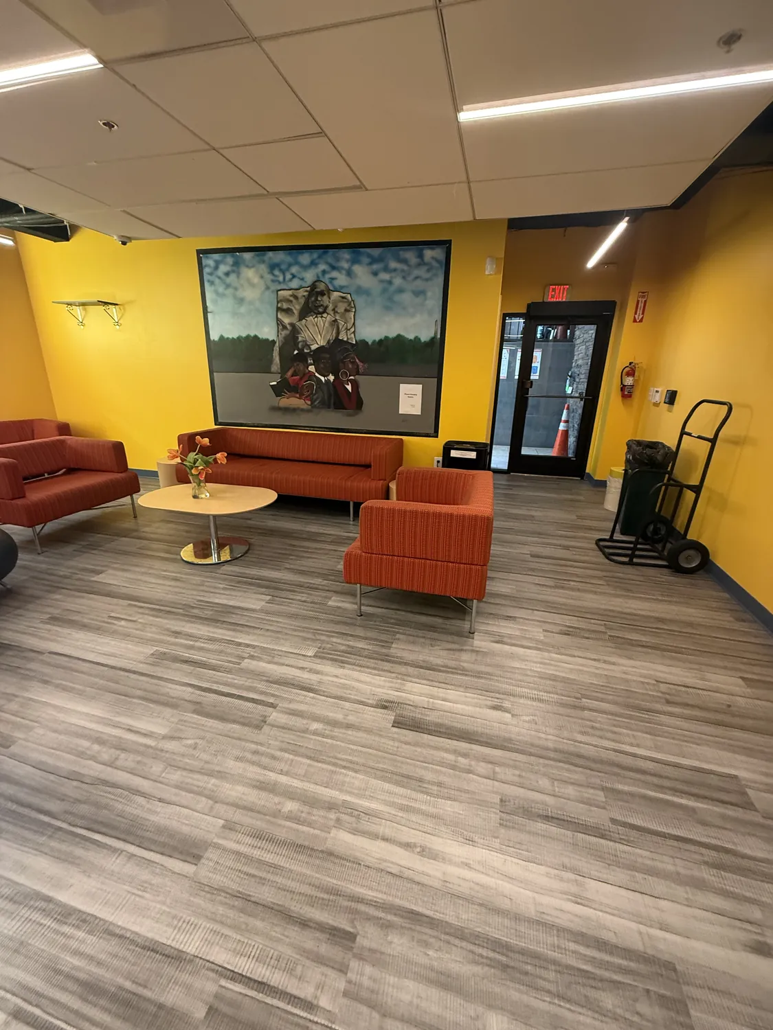 Completed colorful commercial interior with coordinated painted wall surfaces